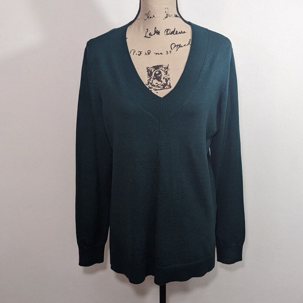 NWT Cable & Gauge Womens V-Neck Long Sleeve Sweater Pullover Green Hi Lo L